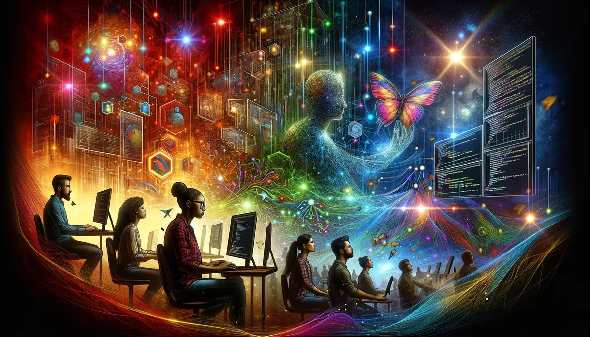 Pessoas trabalhando em computadores cercadas por sinais e formas coloridas.