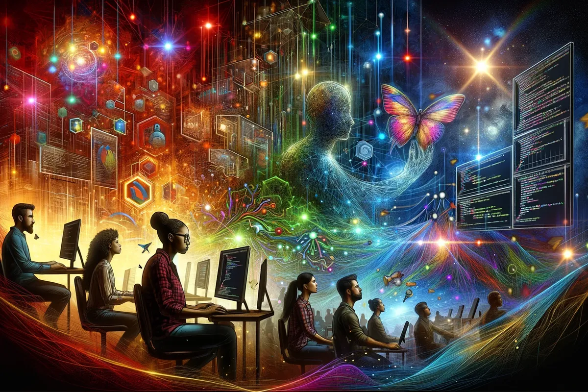 Pessoas trabalhando em computadores cercadas por sinais e formas coloridas.