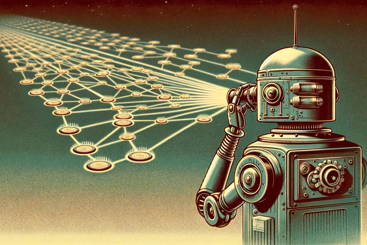 Robô observando uma rede de nós conectados, em uma ilustração de estilo retrô.