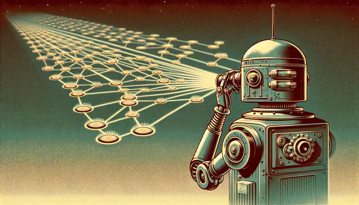 Robô observando uma rede de nós conectados, em uma ilustração de estilo retrô.