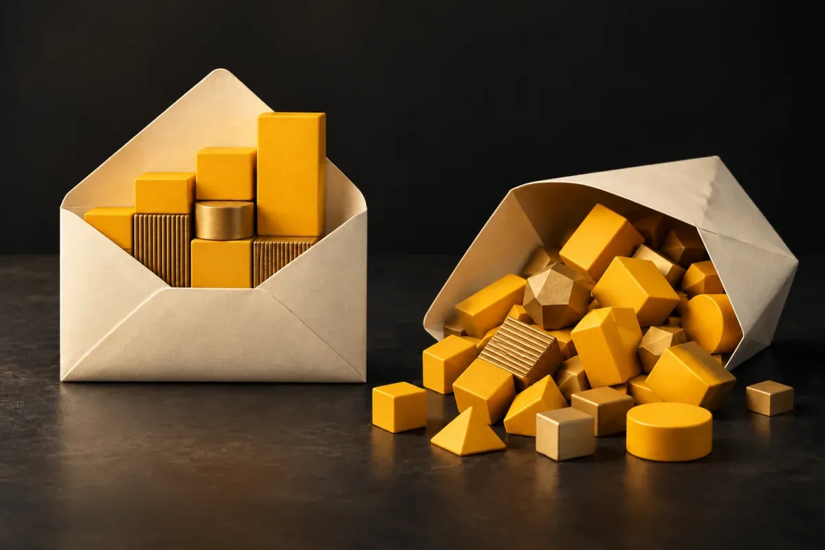 Dois envelopes contrastam telemetria estruturada com blocos de dados desorganizados.
